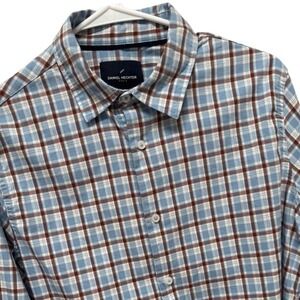 Daniel Hechter Paris Mens Medium Blue Brown Plaid Long Sleeve‎ Button Down Shirt